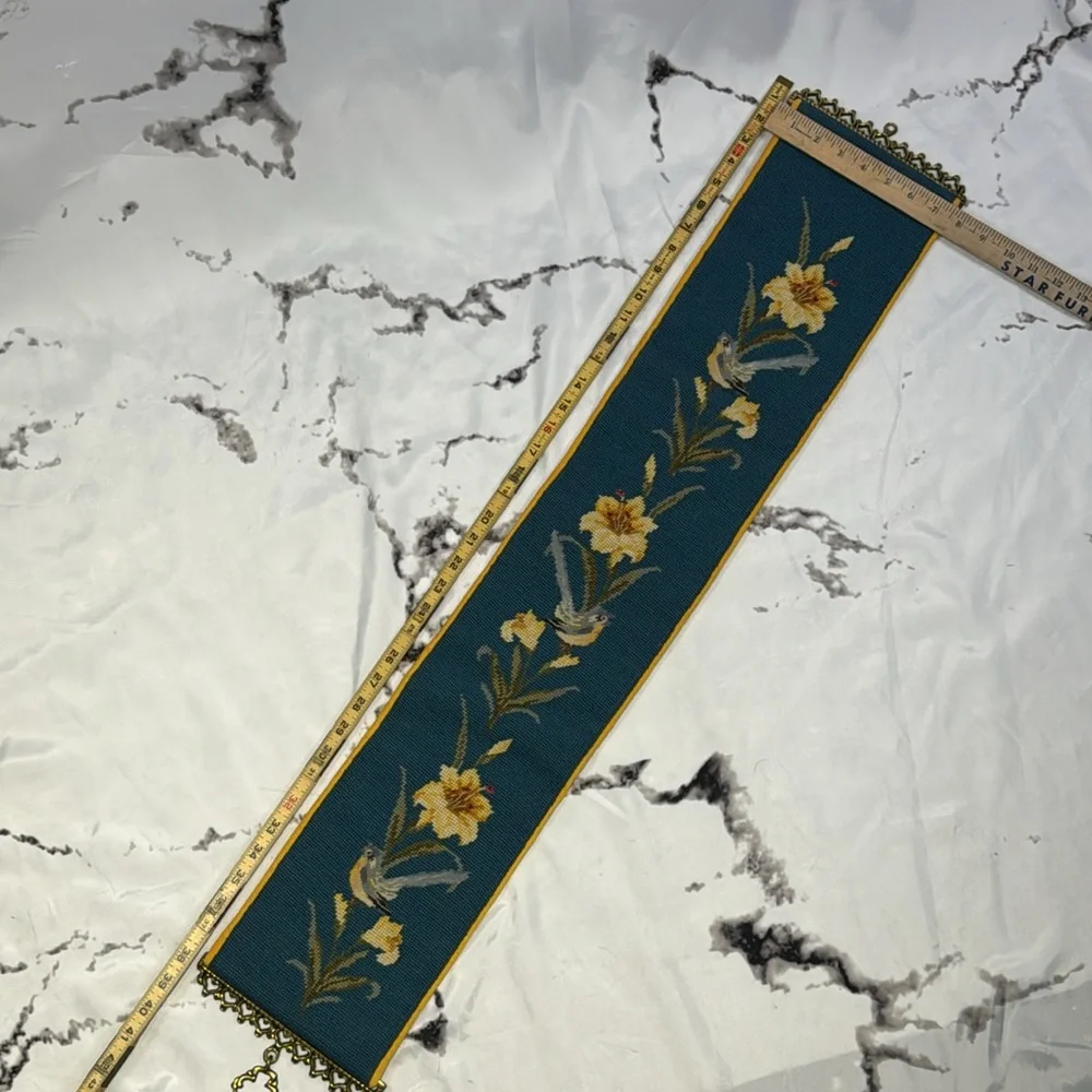 Vintage Petit Point Bell Pull Needle Point Velvet Backed Birds & Flowers Design